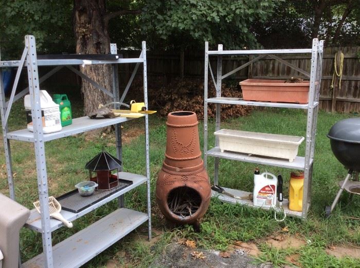 metal shelves, Chiminea fire pit, grill