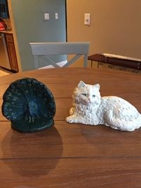 Antique doorstops:cast iron white Persian cat & peacock