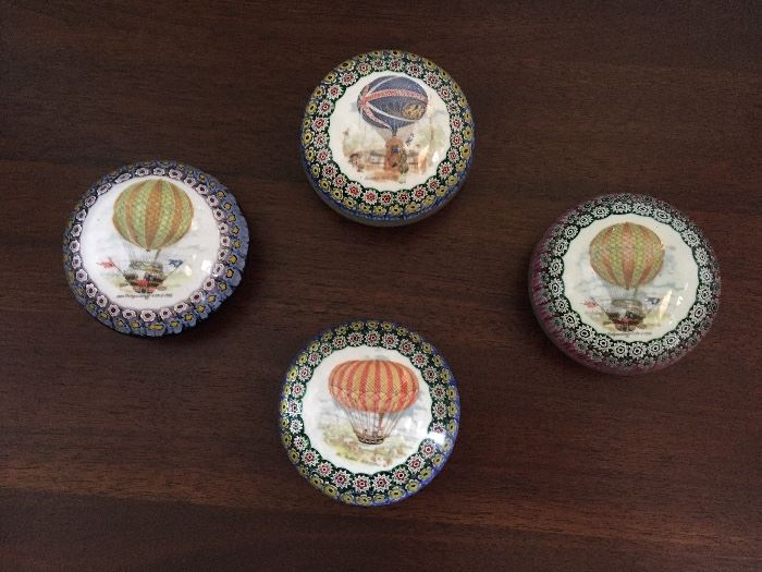 (4) vintage millefiori paperweights depicting historic French hot-air balloon ascensions