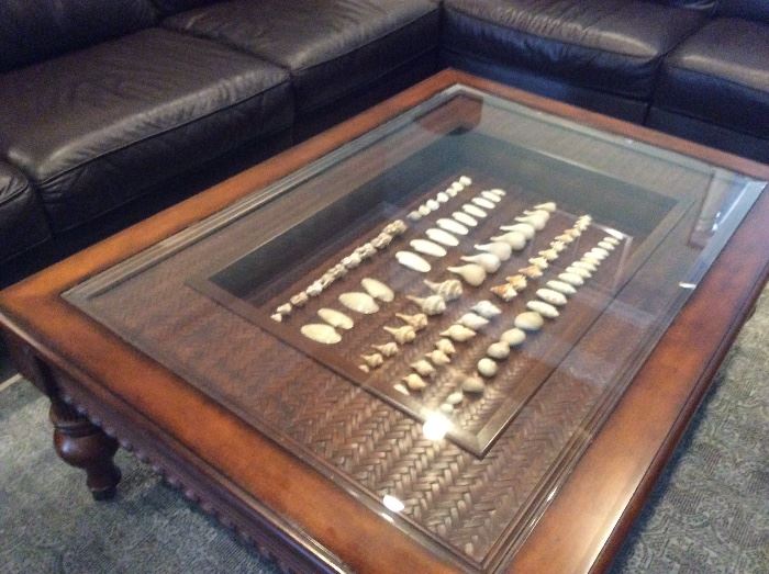 Haverty's wood coffee table with custom shadow box & glass top (shells not included)