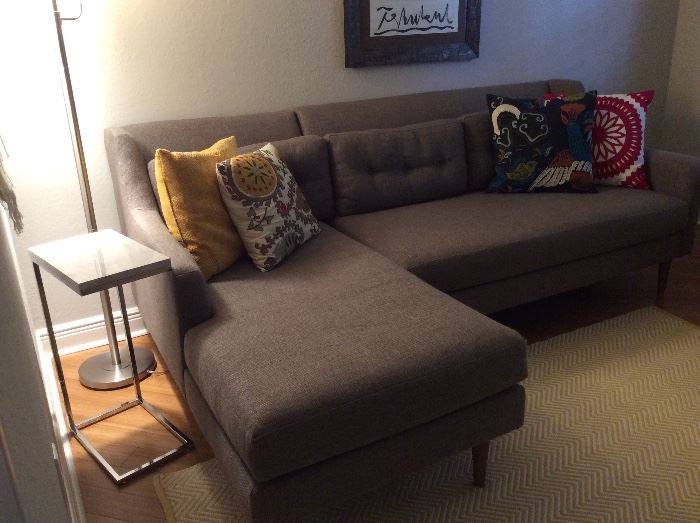 West Elm Crosby model ("mid-century made luxe") grey upholstered sofa with lounge Measures 7' x 5'