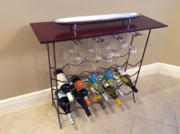 Iron & wood wine and glass rack side table 