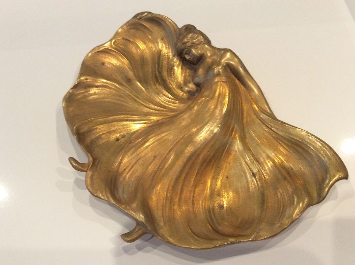 Gilt bronze French Art Deco decorative tray of woman with flowing dress