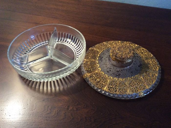 Gold filigree covered divided relish tray