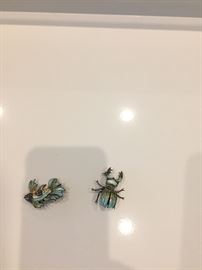 Matching set of vintage enamel, marcasite & sterling pins:  fish & scarab
