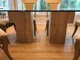 Large travertine glass top dining table with 6 Drexel Heritage upholstered dining chairs. Table is being sold separately from the chairs