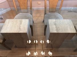 Large travertine glass top dining table with 6 Drexel Heritage upholstered dining chairs. Table is being sold separately from the chairs