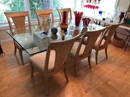 Large travertine glass top dining table with 6 Drexel Heritage upholstered dining chairs. Table is being sold separately from the chairs
