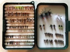 Over 100 fly fishing lures in a L.L. Bean case