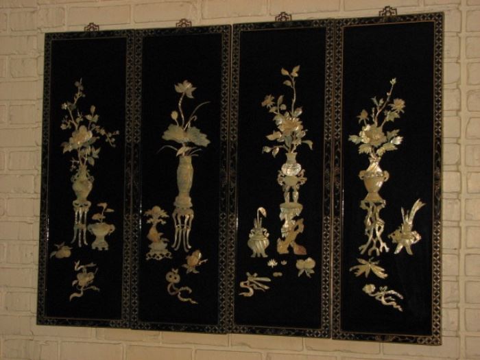4 panel chinoiserie screen with jade and stone embellishments