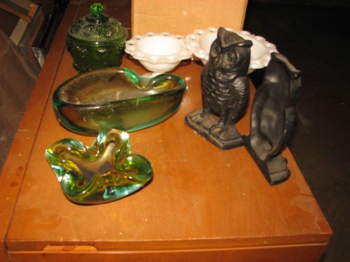 vintage art glass and bookends