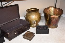 Brass! Wood handle log bin or drink holder