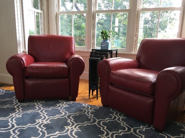 Pottery Barn Red Leather Recliners from the Manhattan Collection, Pair