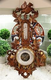 Antique French Oak Black Forest Style Barometer and Thermometer