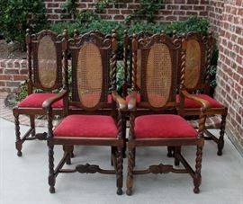 Antique English Oak Barley Twist SET of 6 Caned Back Chairs with New Red Upholstered Seats