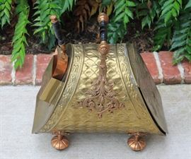 Antique English Brass and Copper Coal Hod with Shovel