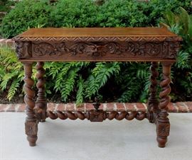 Antique French Oak Gothic Renaissance Barley Twist Desk or Table with Drawer