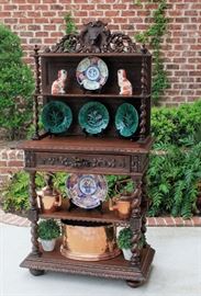 SPECTACULAR Antique French Oak Renaissance Revival Barley Twist 4-Tier Server with Dog Crown
