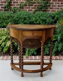 Antique English Oak Demi-Lune Barley Twist Drop Leaf Table with Drawer