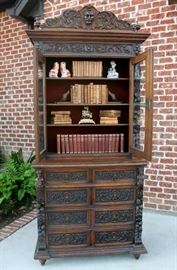 Large English Oak Renaissance Revival Style Cabinet Bookcase with Chest of Drawers Base