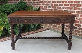 Antique French Oak Large Barley Twist Desk or Table with Drawers