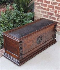 Antique English Oak Gothic Leather Top Blanket Box Chest Coffer