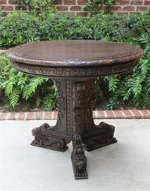 Antique French Oak Gothic Round Center or Parlor Table with Lion Pedestal