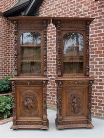Matching Pair Antique French Oak HUNT Style Slim Bookcases Cabinets