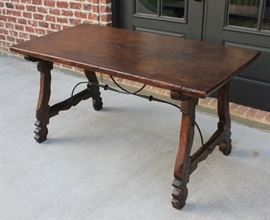 Antique Spanish Oak Catalan Style Farmhouse Table with Iron Stretchers (1820s)