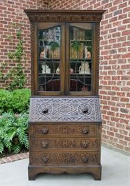 Antique English Oak Gothic Style Fall Front Secretary Bookcase with Art Nouveau Stained Glass