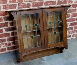Antique English Oak Stained Glass Wall Cabinet