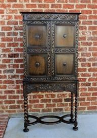 Antique English Oak Tall Jacobean Barley Twist Cabinet