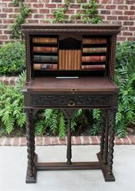 Antique Walnut Vargueno Barley Twist Fall Front Desk with Drawer