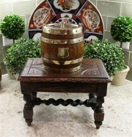 Antique English Oak Carved Barley Twist Kettle Stand Small Foot Stool and Biscuit Barrel with Silverplate Banding and Medallion (we have several of these in stock!)