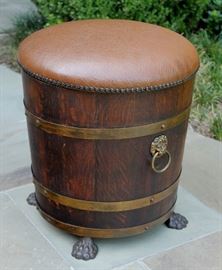 UNIQUE Antique English Oak GOTHIC Barrel Planter with Brass Banding, Lion Masks and Paw Feet - Padded Leather & Nail Head Removable Top has been added for use as an ottoman!