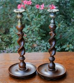 Antique English Oak Barley Twist Candlesticks with Ornate Brass Cups