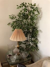 Artificial ficus tree, lamp, and end table