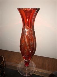 Vintage Czech cut glass orange vase
