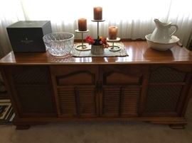 antique cabinet stereo and waterford bowl