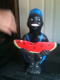 Vintage Black Americana lawn jockey statue with watermelon; approx. 12 " high