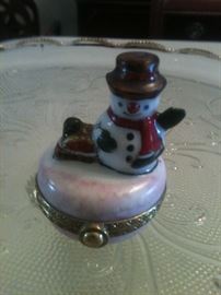 Limoges Peint Main  Christmas Snowman  trinket box