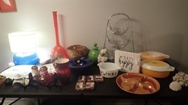 Blue lamp (Handblown). Pyrex nesting bowl set of four - sunflower pattern. Miscellaneous glassware