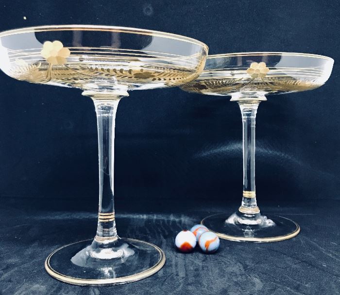 Antique Champagne Coupes, hand cut and gilded details, turn of the century elegance.  The ultimate wedding gift!