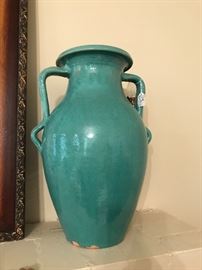 Monumental turqoise urn with applied strap handles in the style of Galloway, unmarked. 1930-50s