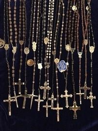 A collection of over 30 nice rosaries, sterling, black crystal beaded, amethyst beaded, ebony....from France, Germany, Italy 