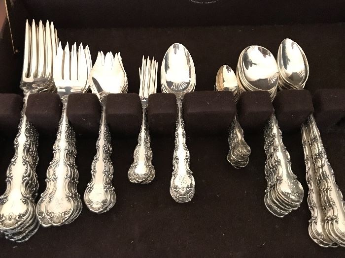 Just a portion of one of the sets of Strasbourg.  One set features a monogrammed “A”, and contains 10 piece plate settings for 8 people (80 pieces, total. 10 pieces per setting???? Yes! Have you ever seen a strawberry fork ?
