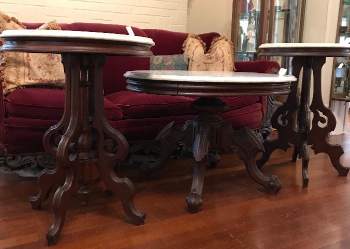 Trio of antique Victorian occasional tables with marble tops 