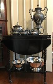 Lots of antique EPNS, Electro Plated Nickel Silver, left in its original state, precious tea cart with removable tray.