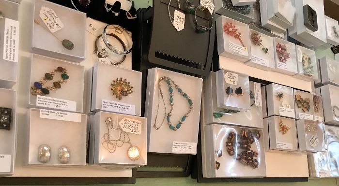 Our ‘Jewelry Boutique’ is filled with vintage, antique, semi-precious, and fine pieces. We have Sterling bracelets, earrings, charms, pins and pendants. 