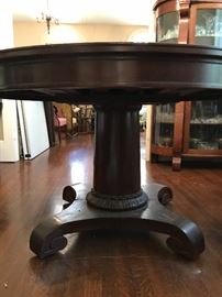 Wonderful antique Empire pedestal center table - 60” in diameter !!!!! - it includes 3 very large leaves to convert to dining, plus custom protective mats. Hardware fans, take a peek underneath to see the interesting mechanics of this piece for converting from center table to dining table !!!!